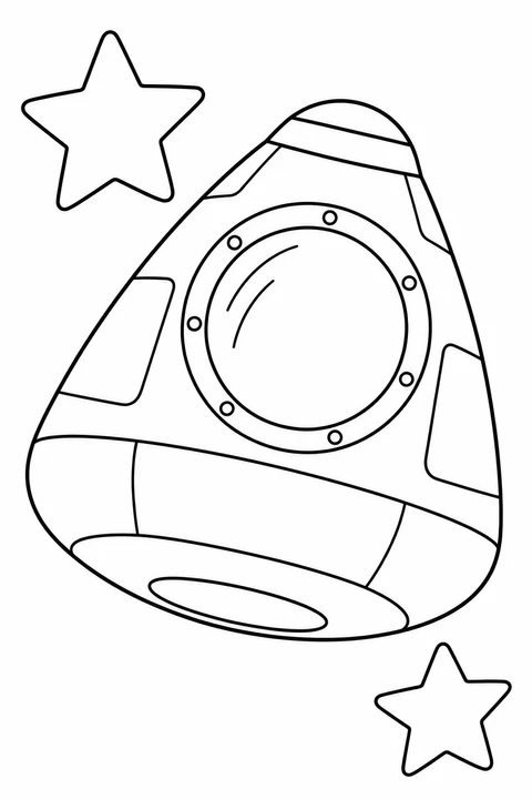 A rounded space capsule with a large window floats beside stars.