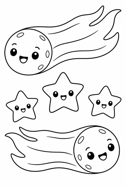 Two smiling comets with flowing tails glide past the stars.