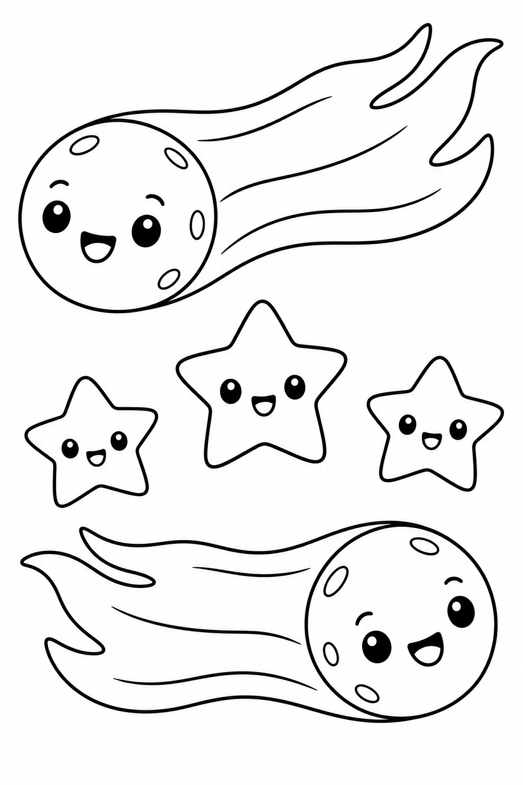 Two smiling comets with flowing tails glide past the stars.