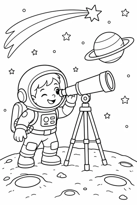A little astronaut uses a telescope beneath a comet and a ringed planet.