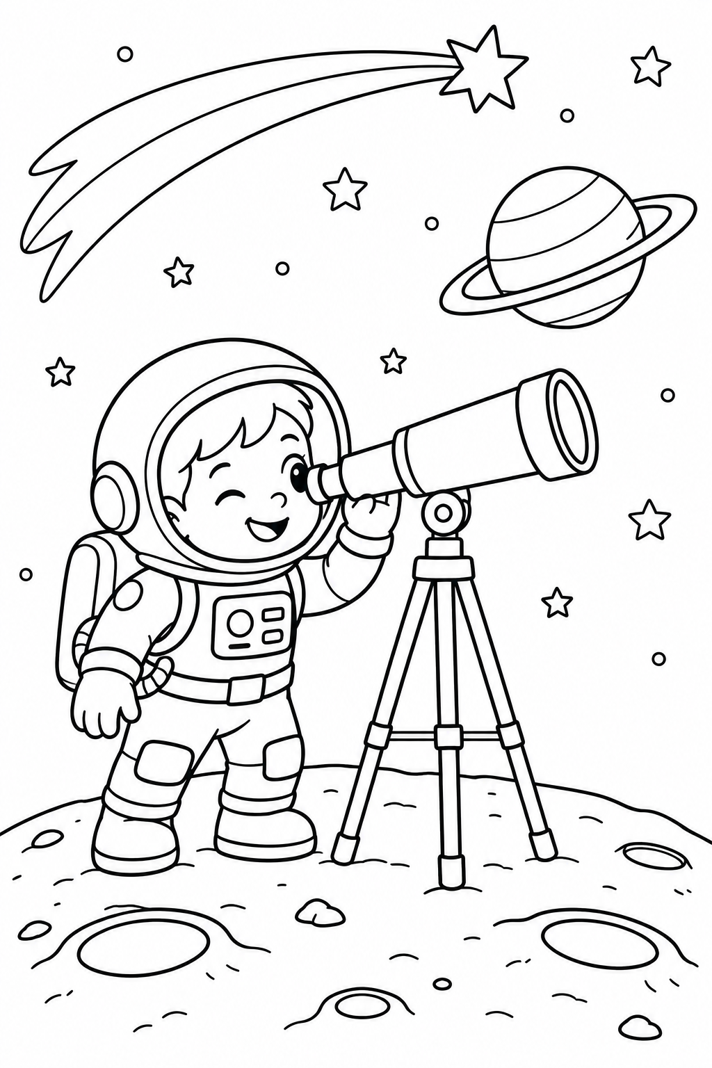 A little astronaut uses a telescope beneath a comet and a ringed planet.