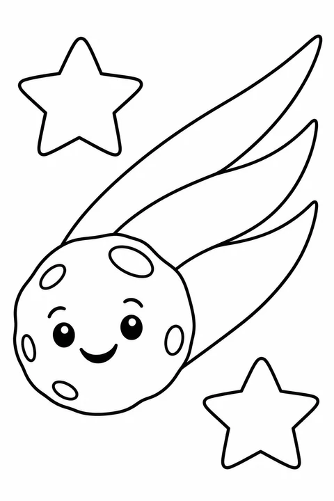 A smiling space rock trails a broad tail among stars.