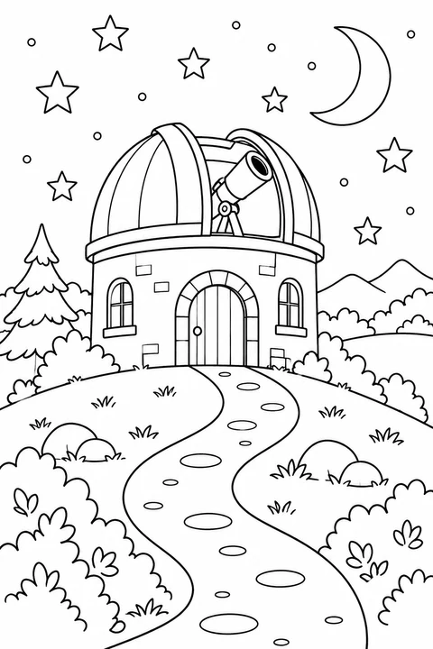 A domed observatory with a telescope sits above a curved path under the stars.