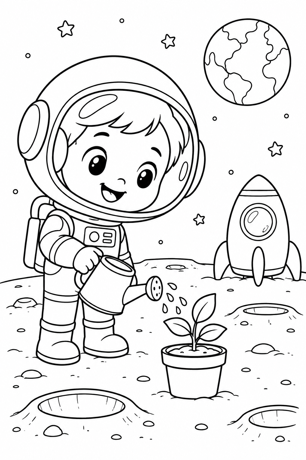 A little astronaut waters a potted plant on the moon beside a small rocket.