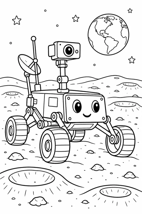 A smiling rover explores moon craters beneath a starry sky.