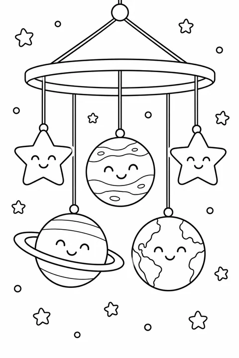 Smiling planets and large stars hang from a simple space-themed mobile.