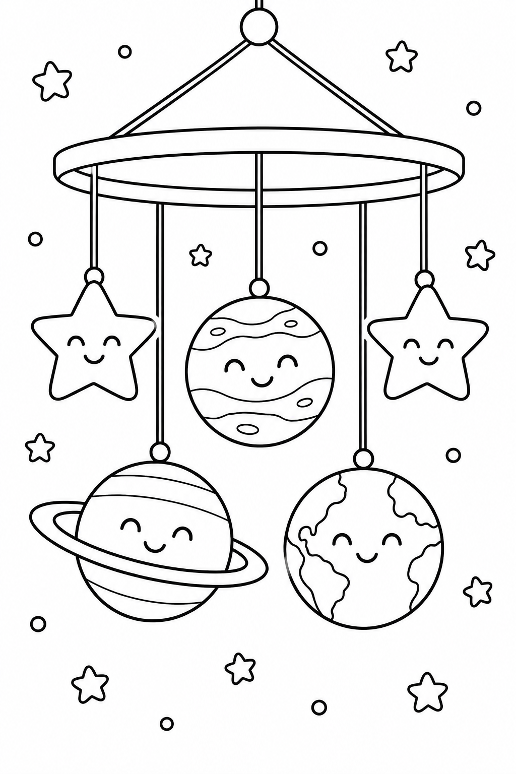 Smiling planets and large stars hang from a simple space-themed mobile.