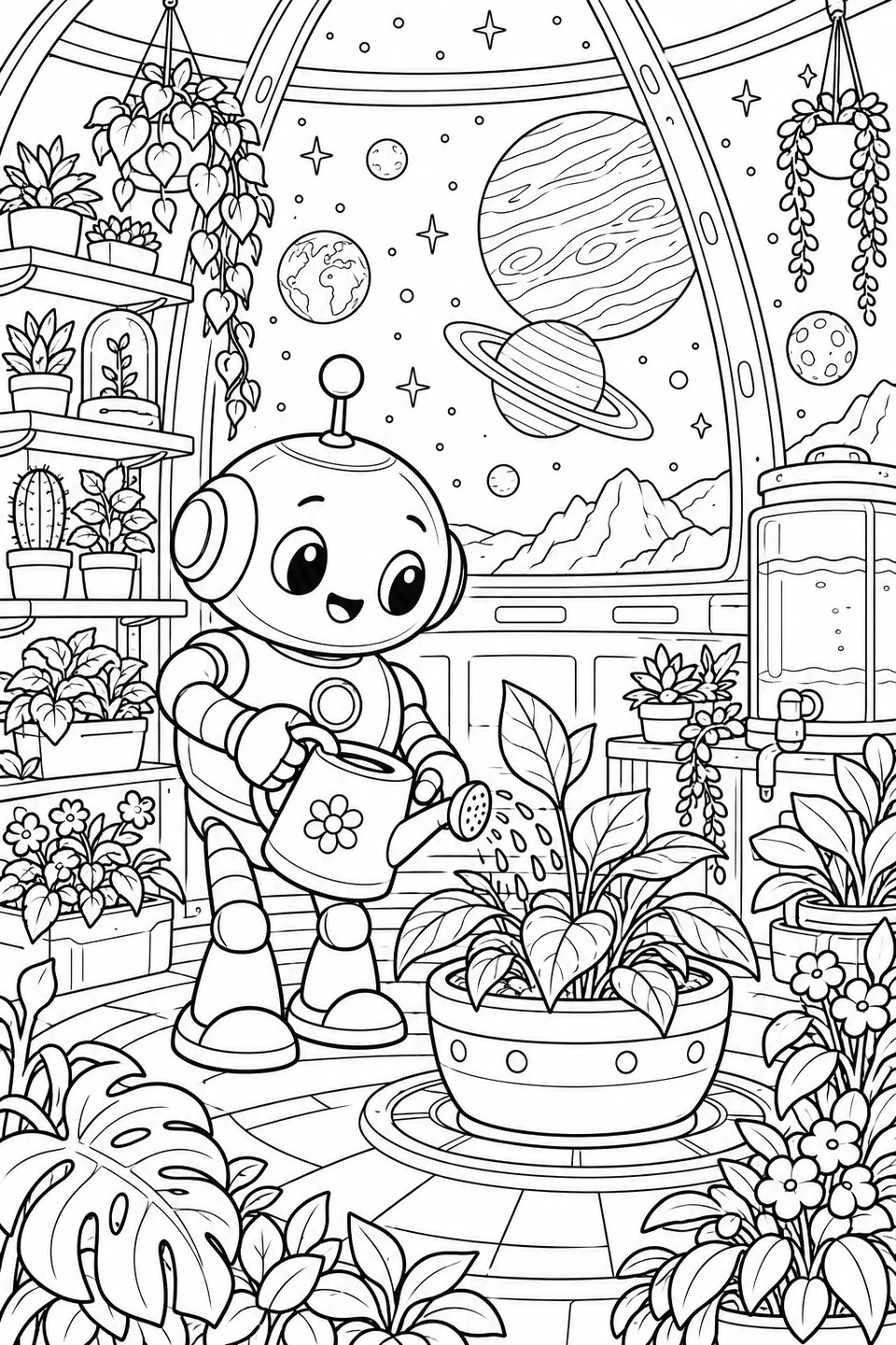 Ein freundlicher Roboter gießt Pflanzen in einem Kuppelgarten mit Blick ins All.