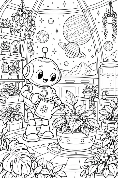 A friendly robot waters plants in a domed garden overlooking space.