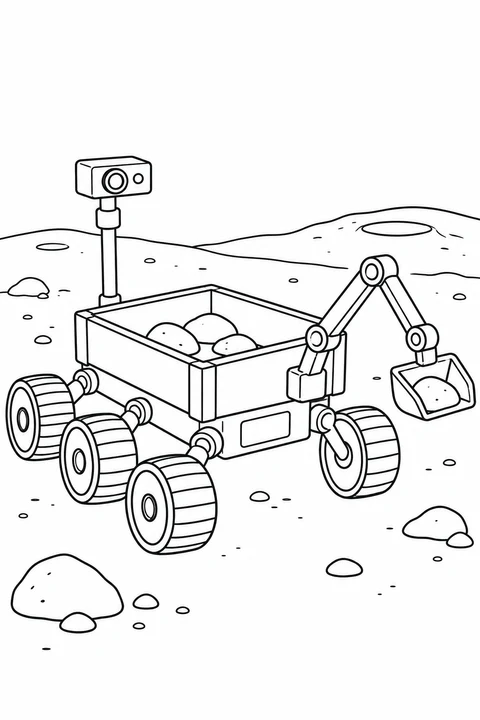 A lunar rover carries smooth stones in a sample box beside its scoop arm.