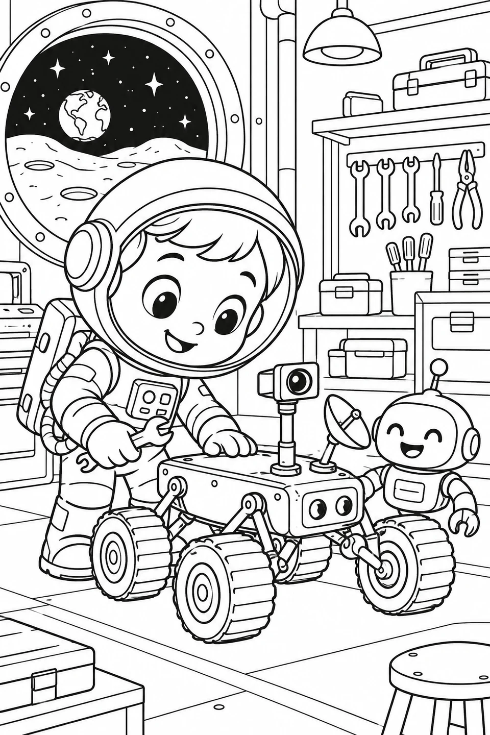 A little astronaut checks a moon rover with a friendly robot in a tidy workshop.