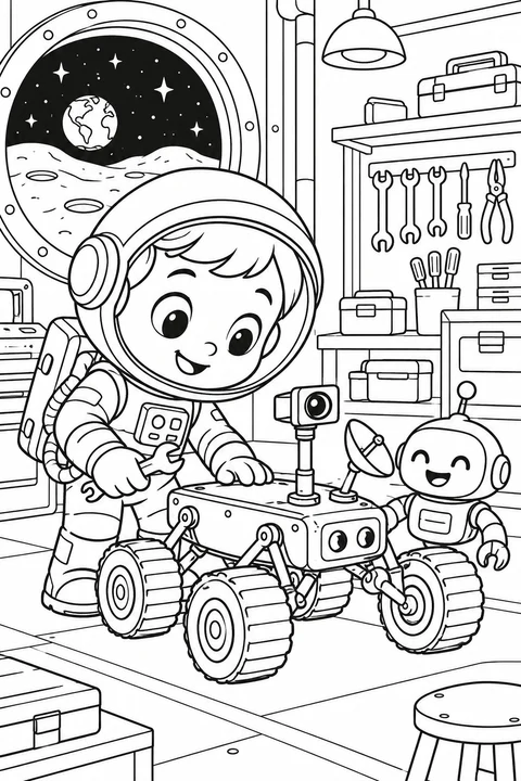 A little astronaut checks a moon rover with a friendly robot in a tidy workshop.
