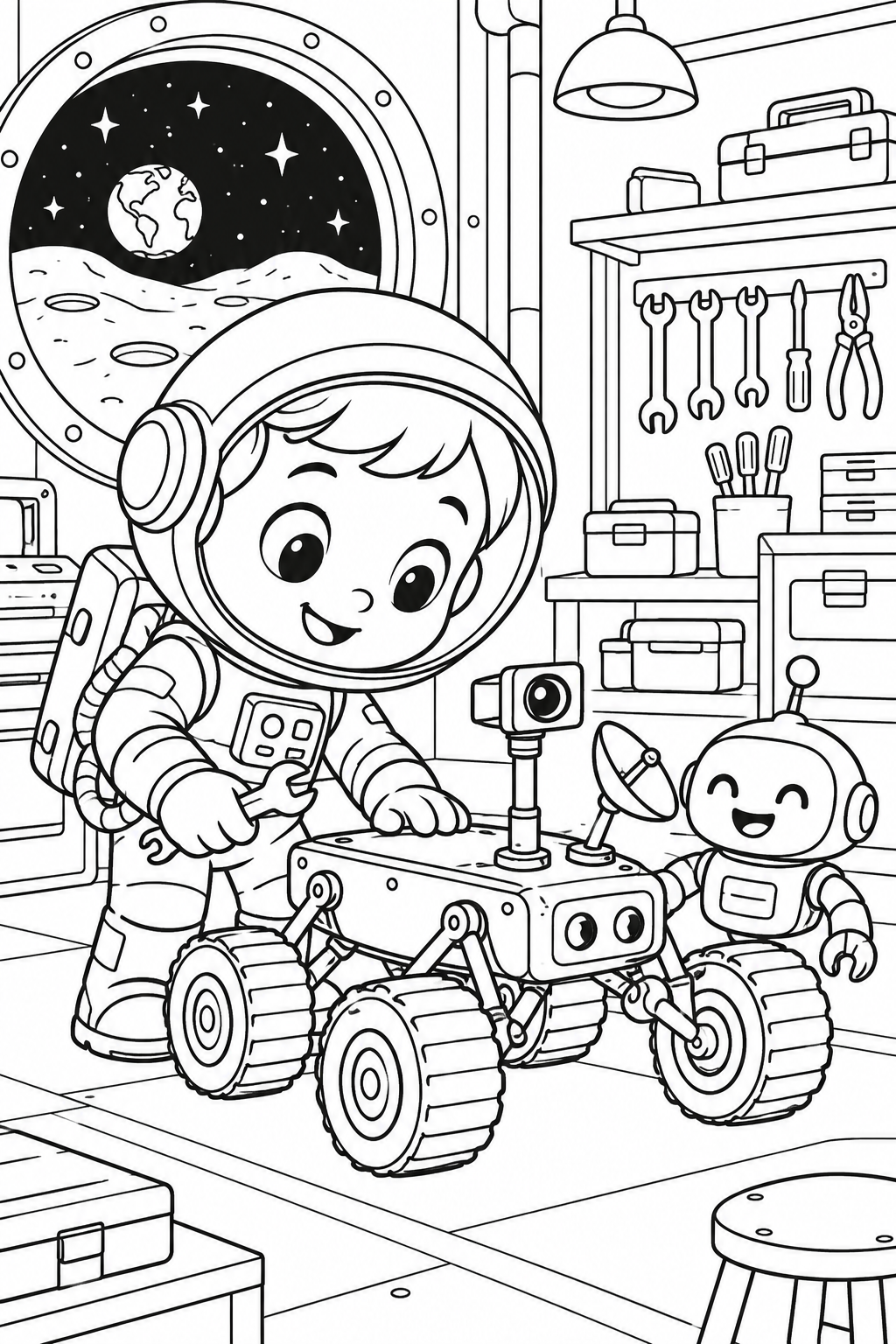A little astronaut checks a moon rover with a friendly robot in a tidy workshop.