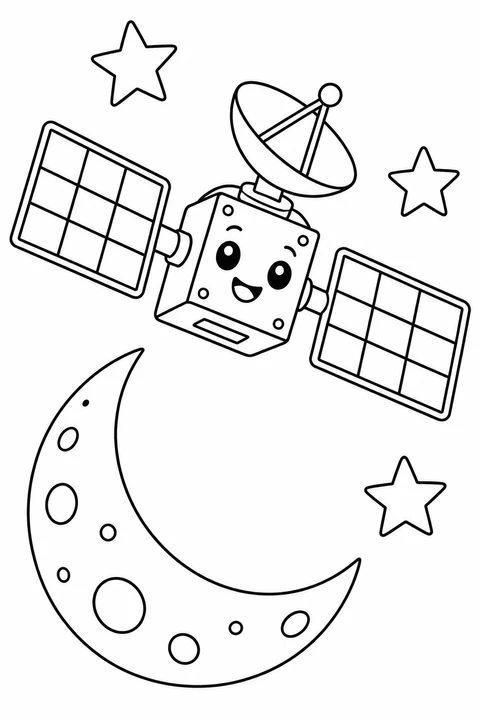 A satellite with solar panels and a dish floats above a crescent moon.