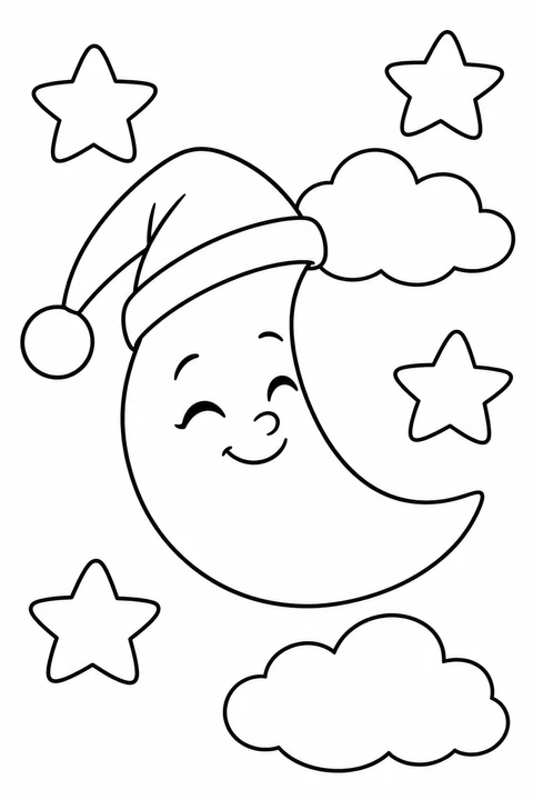 A smiling crescent moon wears a nightcap among stars and clouds.