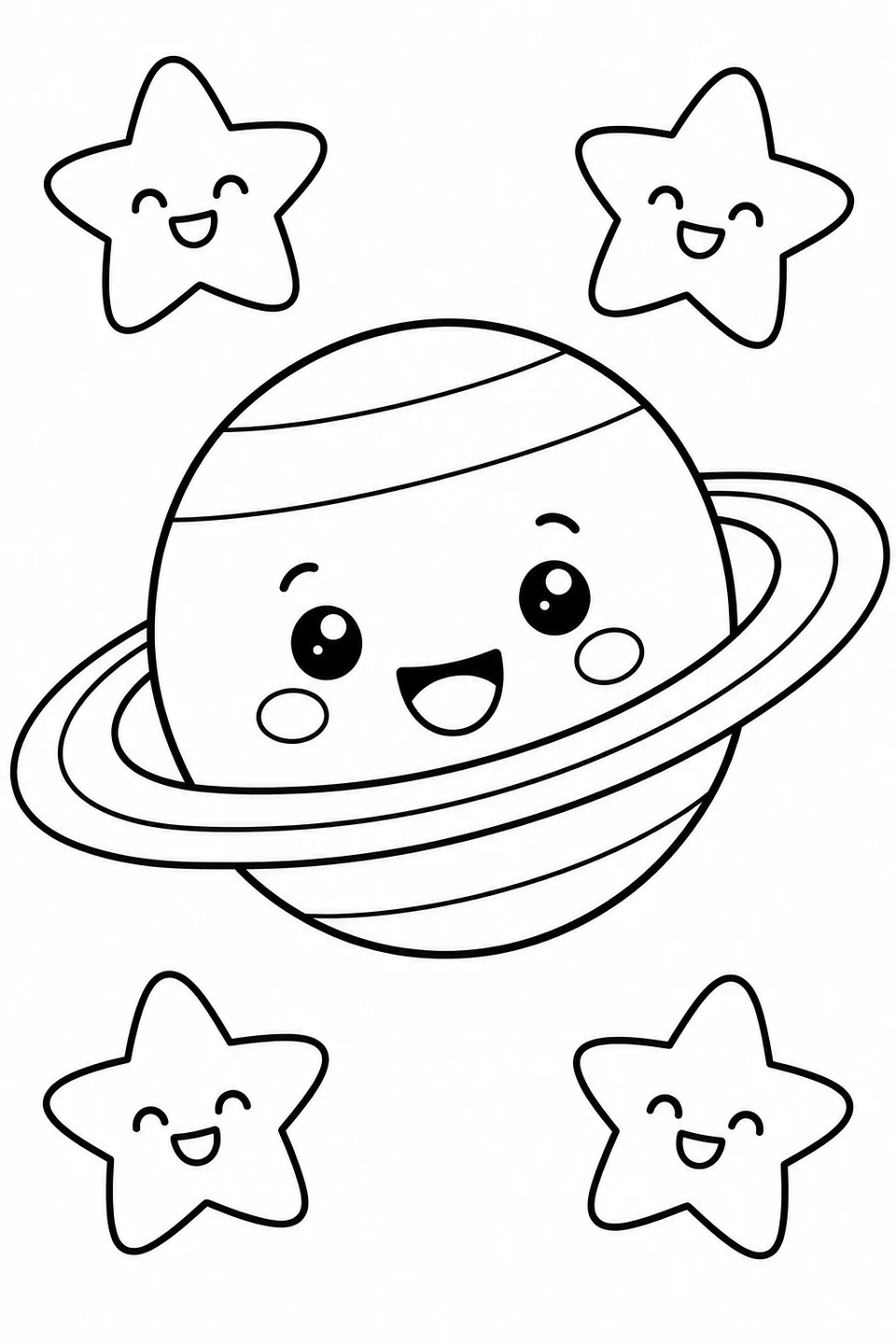 帶著星環的快樂星球，漂浮在圓潤的大星星之間。