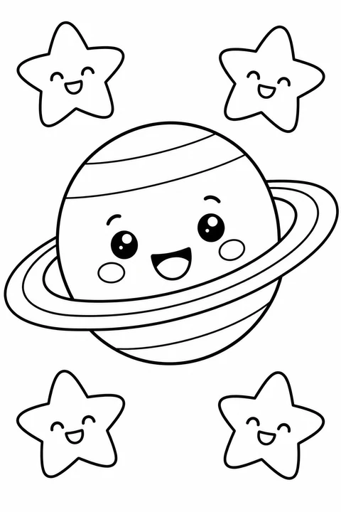 A happy ringed planet floats among big rounded stars.