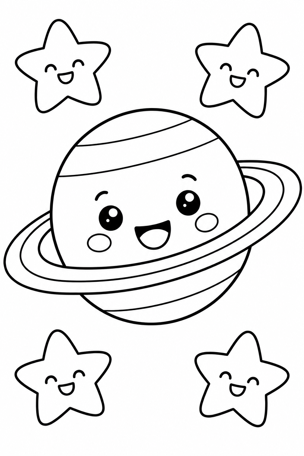 A happy ringed planet floats among big rounded stars.