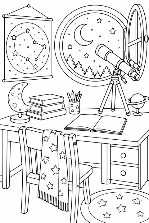 A telescope, star chart and moon lamp fill a cozy desk by the window.
