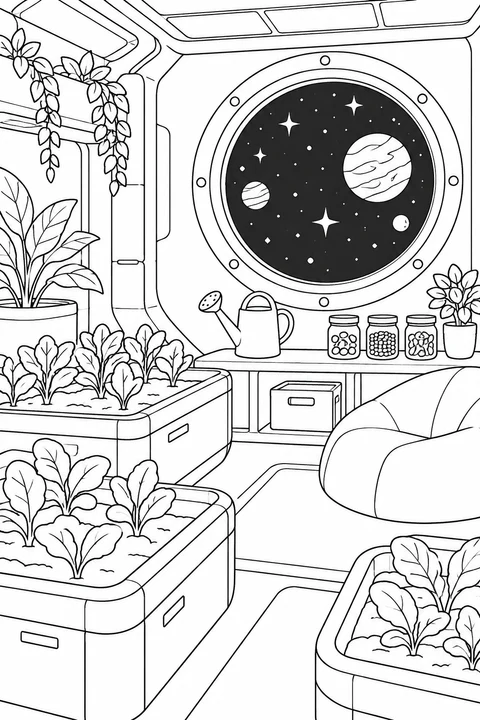Raised seedling beds and a soft seat fill a peaceful space station garden.