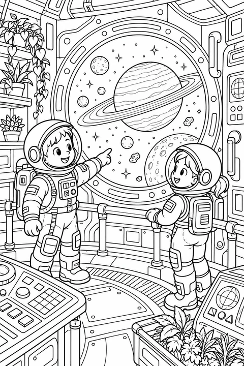 Zwei Astronauten betrachten einen Ringplaneten durch das Fenster der Raumstation.