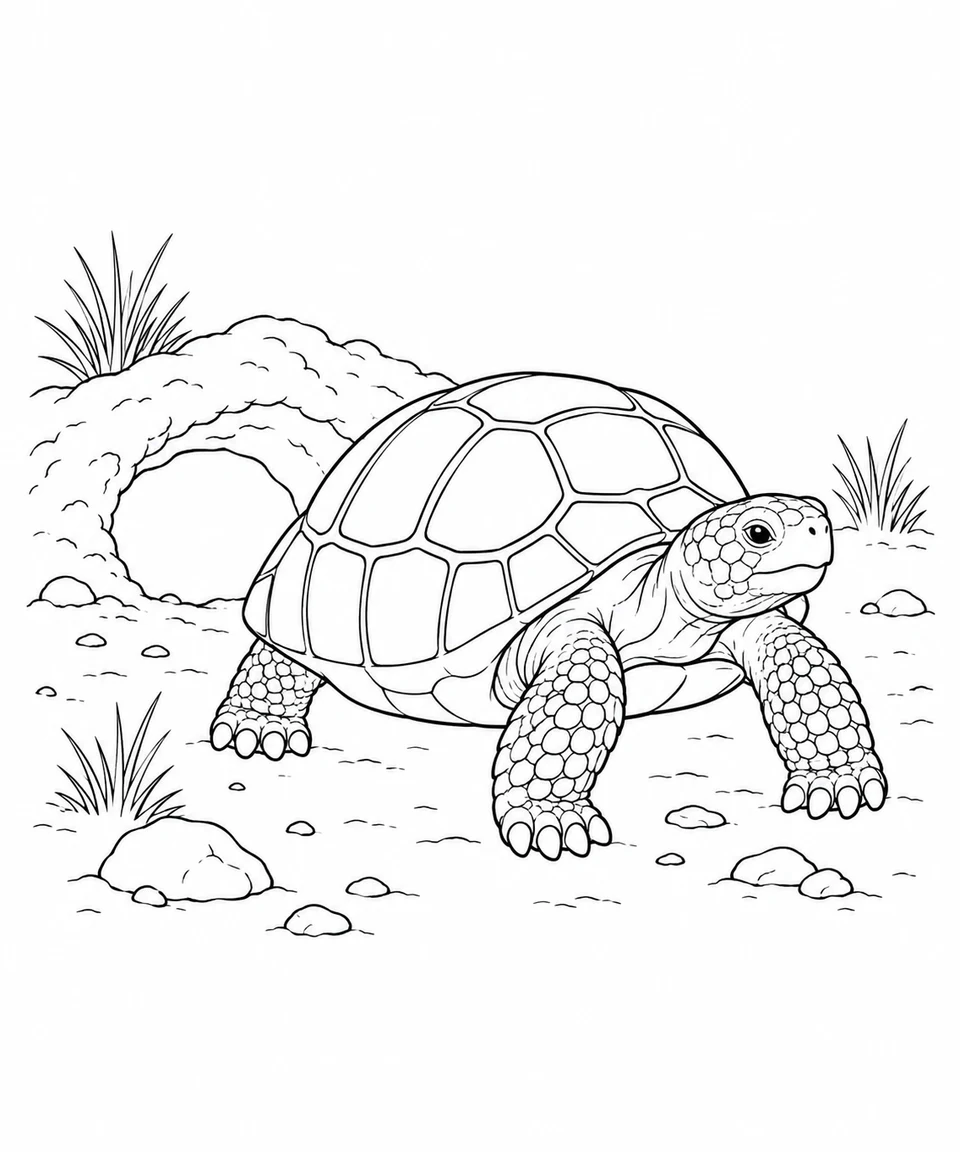 A desert tortoise stands outside an earthen burrow among stones and tufts of grass.