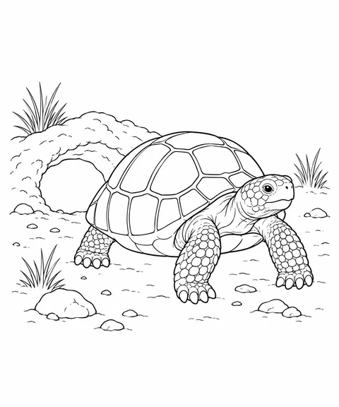 A desert tortoise stands outside an earthen burrow among stones and tufts of grass.