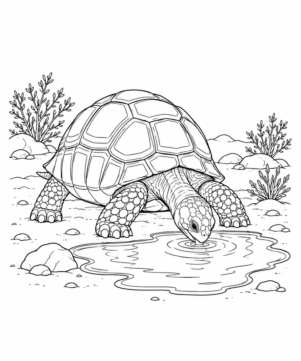 A desert tortoise lowers its mouth to a shallow puddle beside small desert shrubs.
