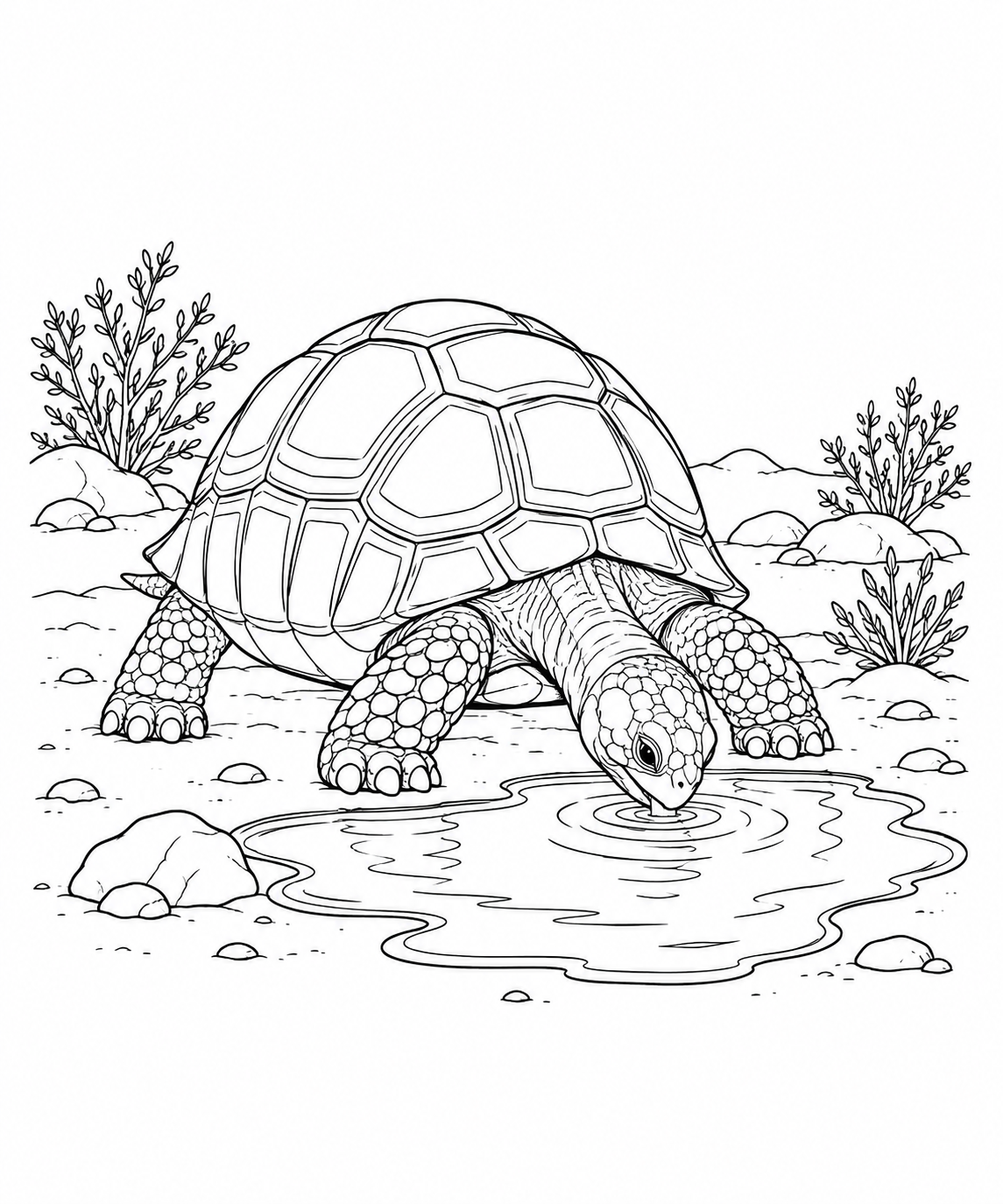 A desert tortoise lowers its mouth to a shallow puddle beside small desert shrubs.