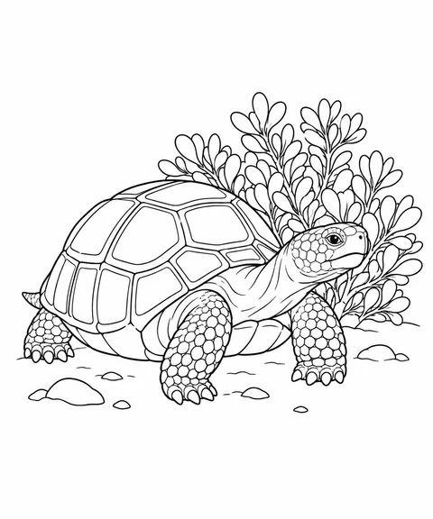 A desert tortoise rests beside a leafy shrub with its head extended.
