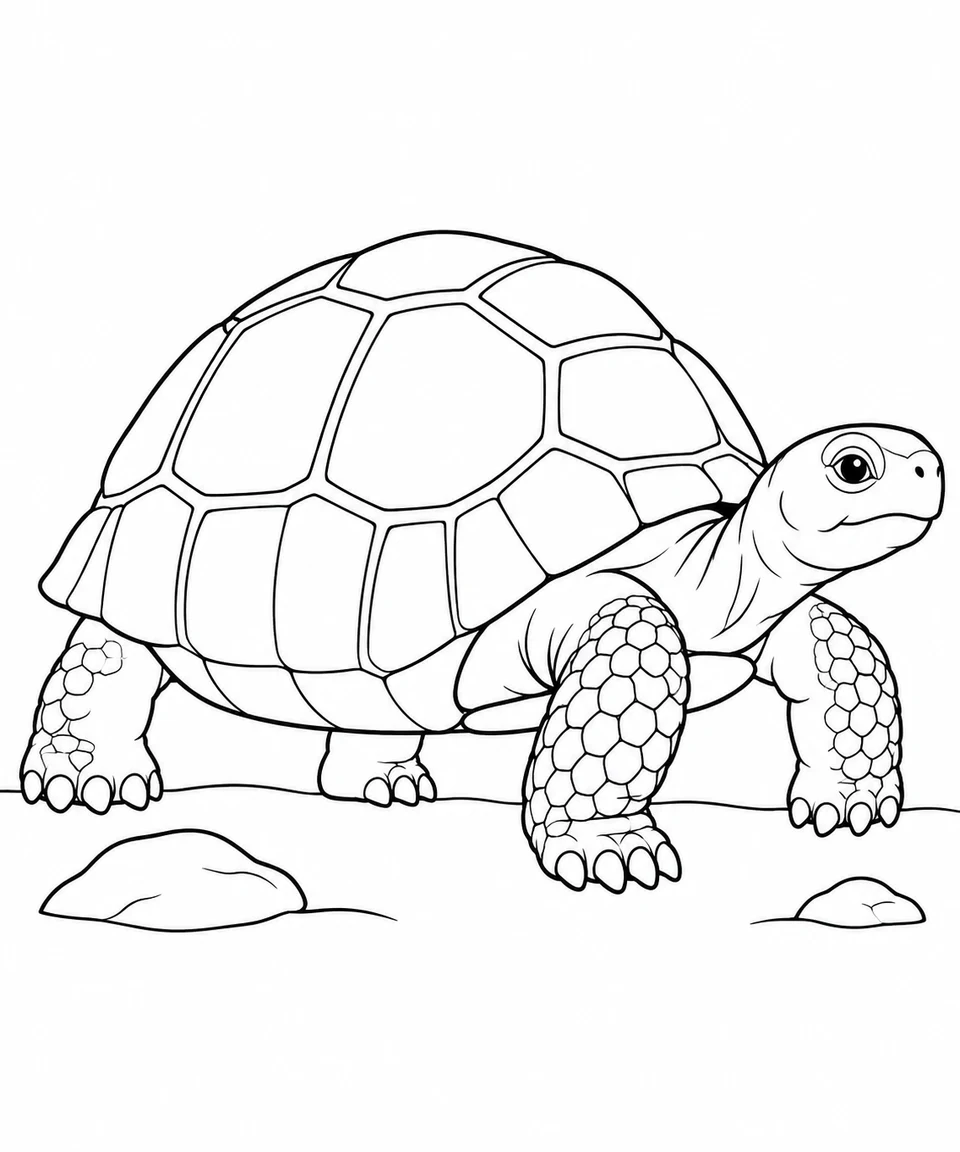 A desert tortoise walks beside two stones, showing its domed shell and sturdy legs.