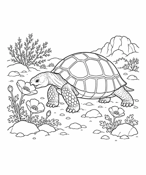 A desert tortoise reaches its head toward a wildflower on rocky ground.