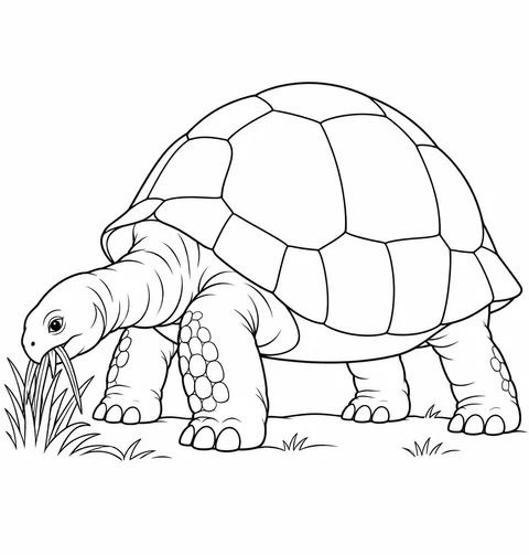 A domed Galápagos tortoise lowers its head to eat a clump of grass.