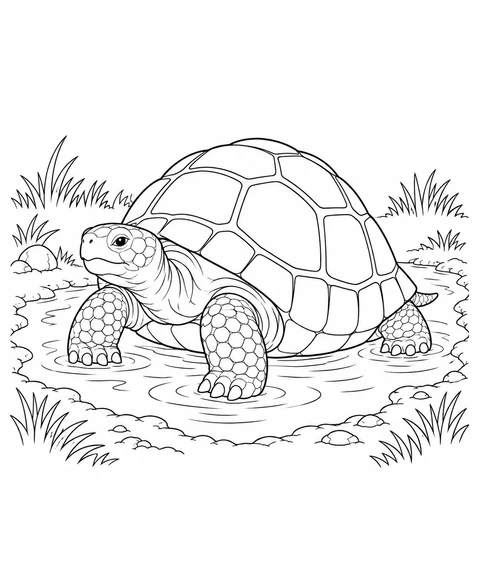 A domed giant tortoise rests in a shallow pool with its head and sturdy legs above the water.