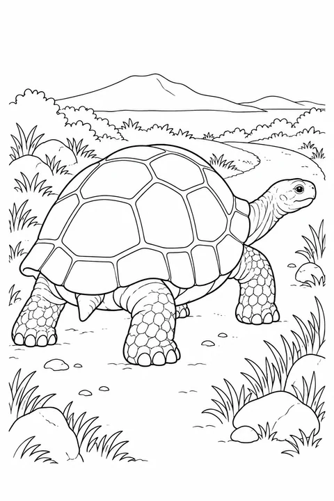 Seen from behind, a giant tortoise follows a curved path bordered by grasses and stones.