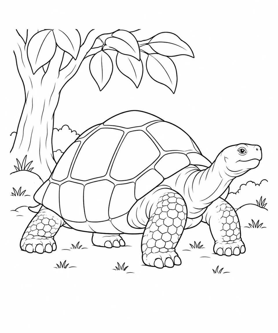 A giant tortoise pauses beside a tree with a few large leaves overhead.