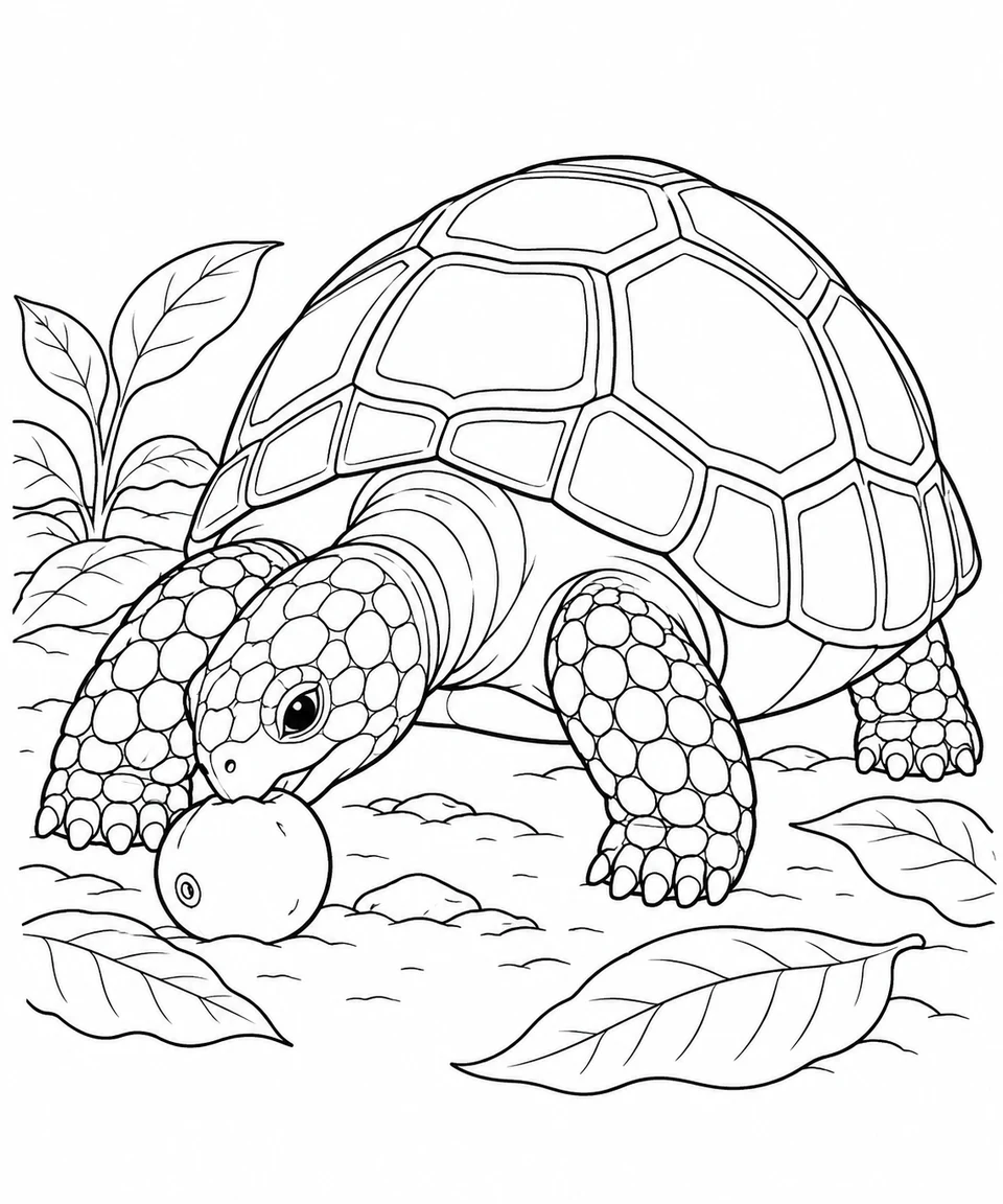 A red-footed tortoise lowers its head to a round fallen fruit among broad leaves.