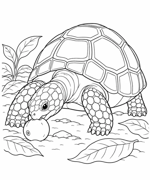 A red-footed tortoise lowers its head to a round fallen fruit among broad leaves.