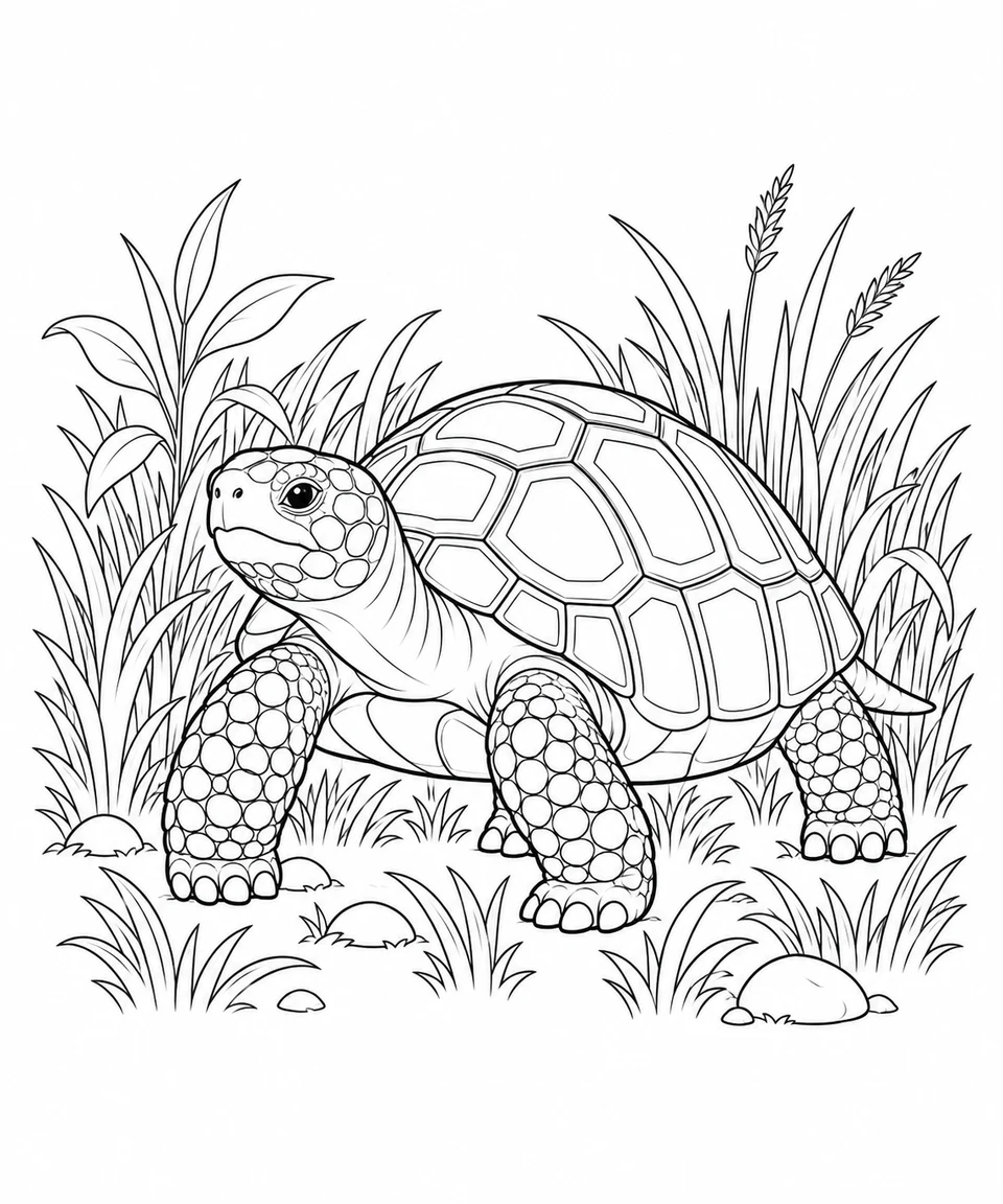 A red-footed tortoise stands among tall grasses and small rounded stones.