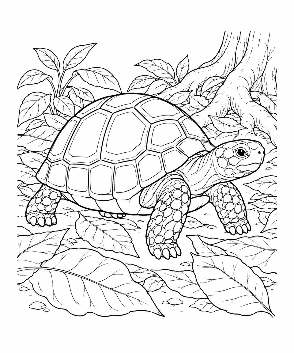 A red-footed tortoise walks across large fallen leaves beside exposed tree roots.