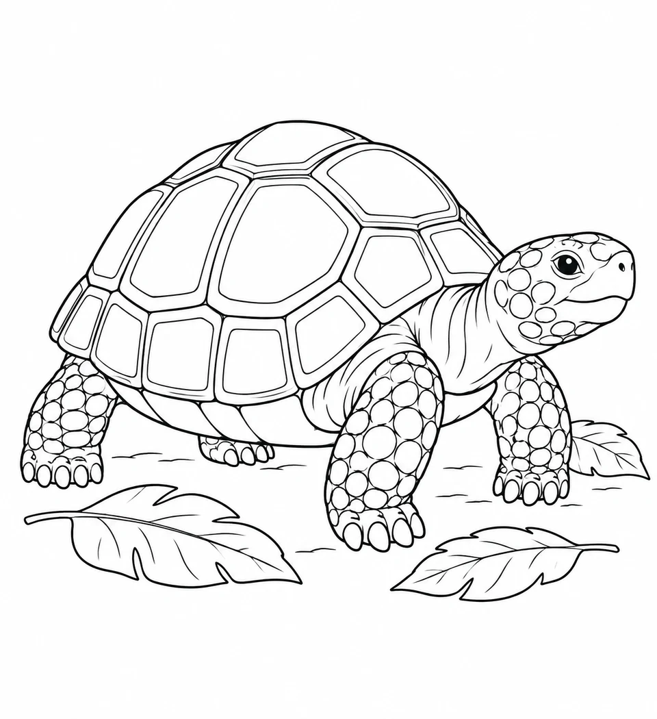 A red-footed tortoise stands among fallen leaves, with outlined patches on its head and legs.