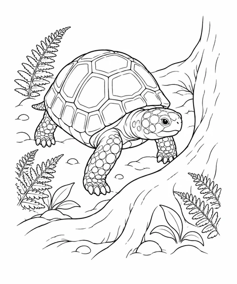 A red-footed tortoise makes its way around a broad tree root, with ferns nearby.