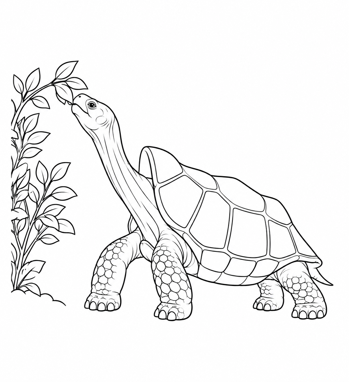 A saddleback Galápagos tortoise stretches its long neck toward leaves on a bush.