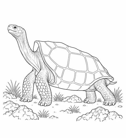 A saddleback giant tortoise stands among rocks, showing the raised front of its shell.