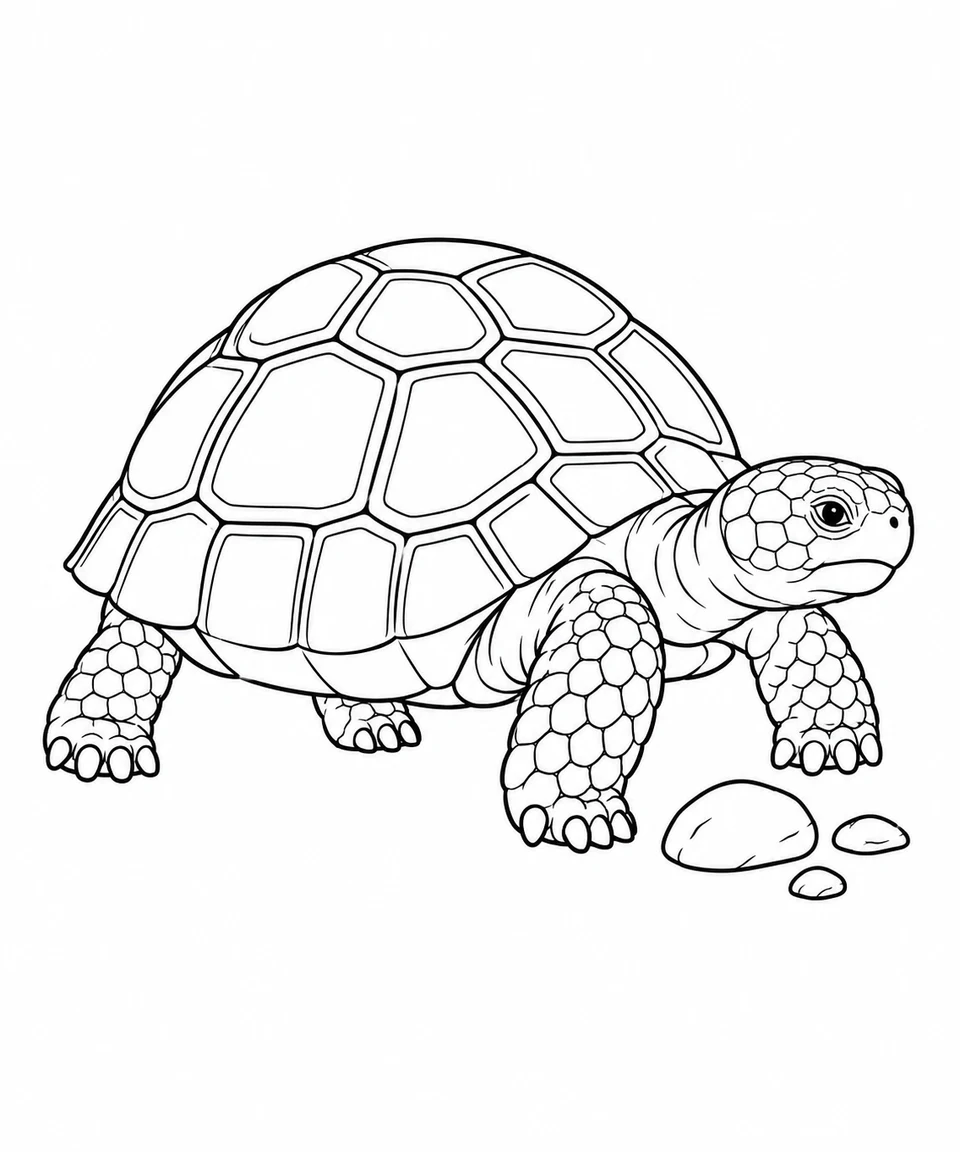 A small desert tortoise stands beside three stones, with broad shell panels and sturdy feet.