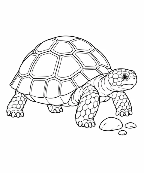 A small desert tortoise stands beside three stones, with broad shell panels and sturdy feet.