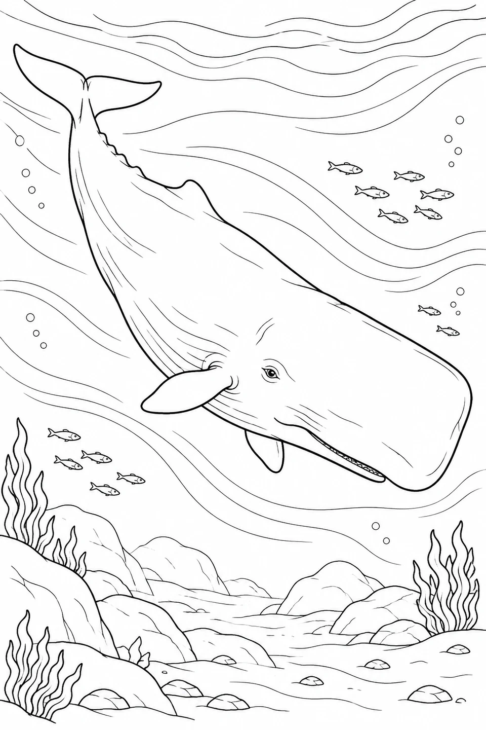Sperm Whale: An underwater scene with flowing water, small fish and rocky seabed.