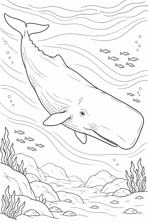 Sperm Whale: An underwater scene with flowing water, small fish and rocky seabed.