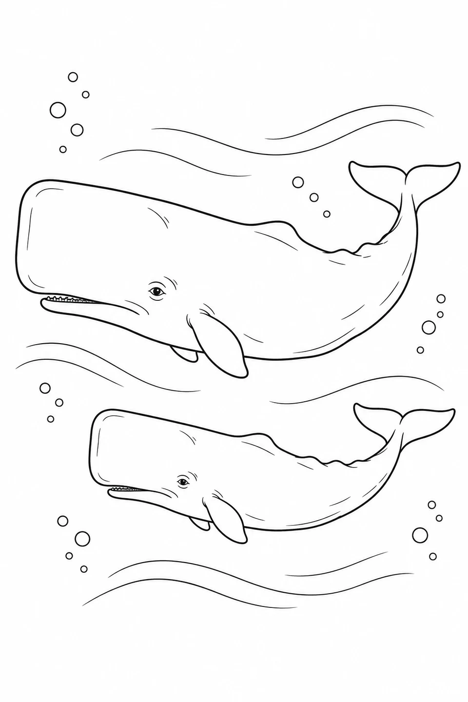 Sperm Whale: Two companions swim together among gentle currents and bubbles.