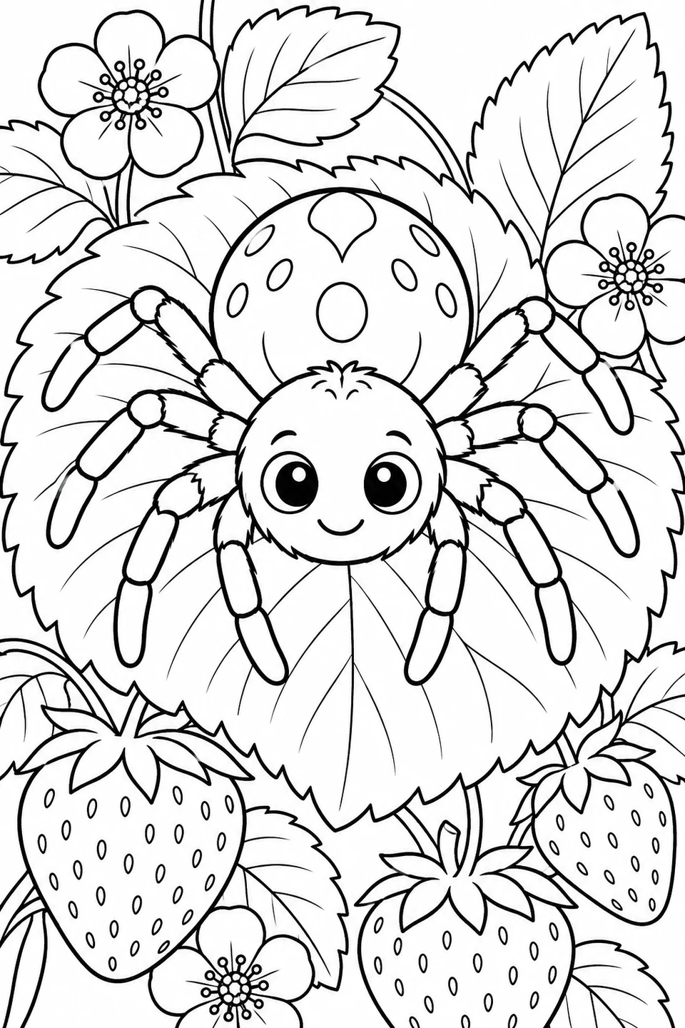 A smiling spider stands on a strawberry leaf surrounded by berries and blossoms.